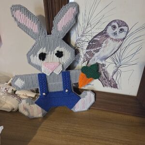Charming Gray and Blue Bunny Decor with Carrot Handmade Vintage Easter CuteDecor